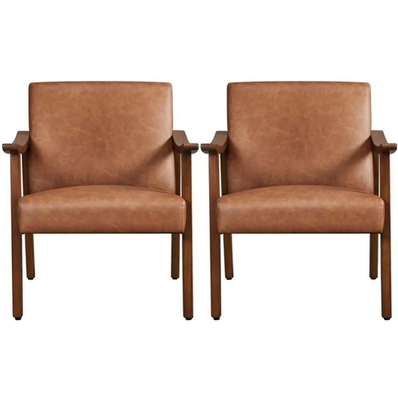 Mid-Century Modern Faux Leather Armchairs with Solid Wood Frame Accent Chair – view 2