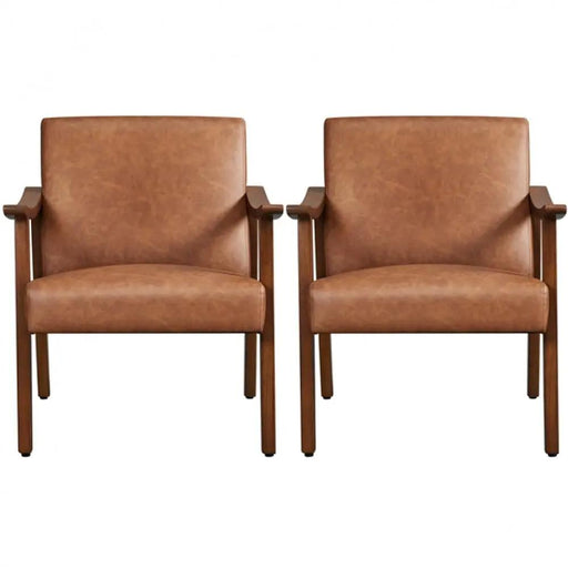 Mid-Century Modern Faux Leather Armchairs with Solid Wood Frame Accent Chair – view 2