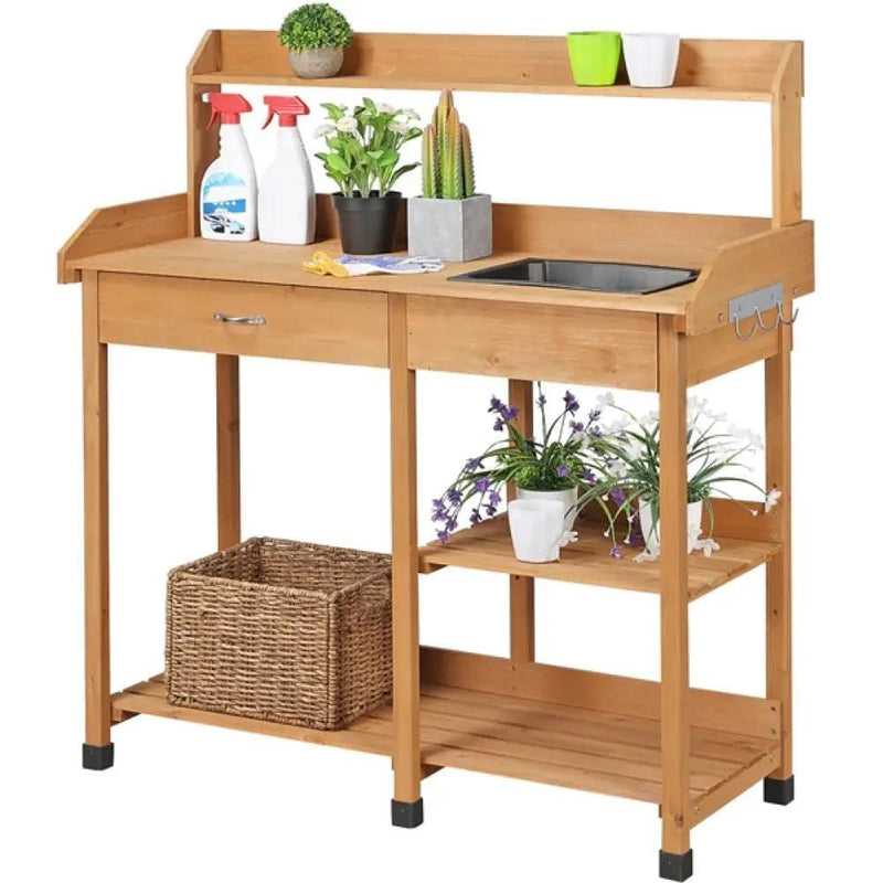 Potting Bench Table Removable Sink Firwood Drawer Open Multiple Shelves – view 2