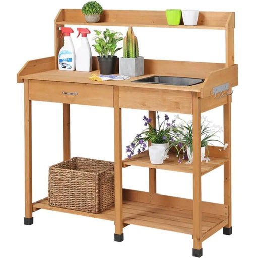 Potting Bench Table Removable Sink Firwood Drawer Open Multiple Shelves – view 2