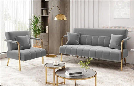 Velvet Upholstered Sofa Couch + Accent Armchair Lounge Chair – view 2