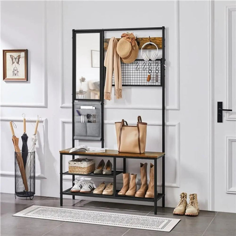 Six-in-one Hall Tree with Shoe Storage Bench/ Mirror/ Storage Bag/ Coat Rack – view 12