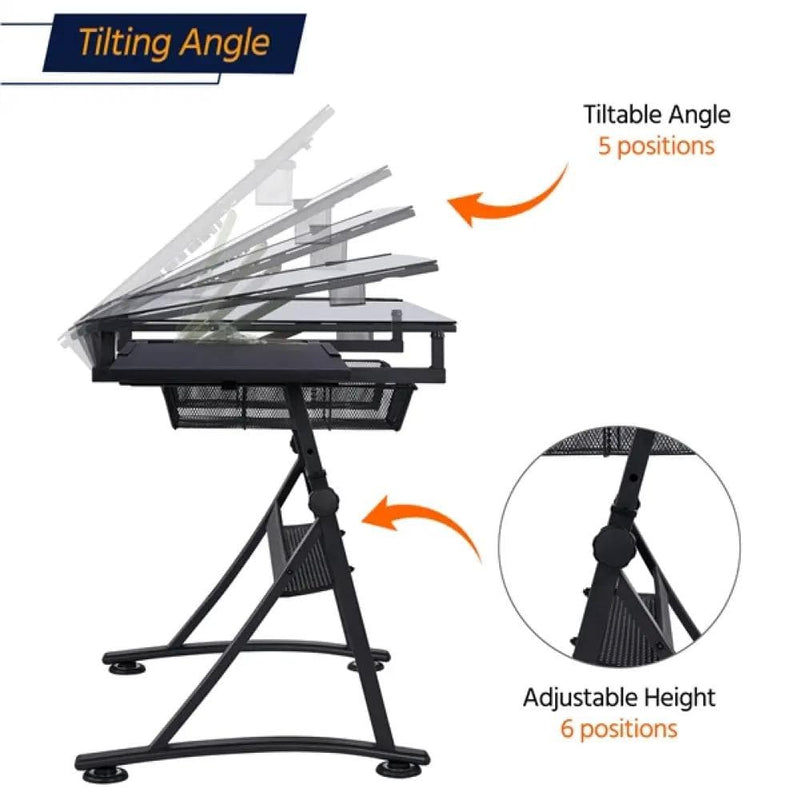 Height Adjustable Glass Drafting Table & Stool Set Art Table – view 12