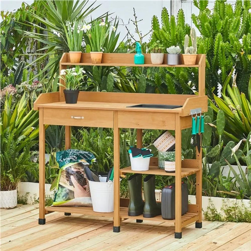 Potting Bench Table Removable Sink Firwood Drawer Open Multiple Shelves – view 12