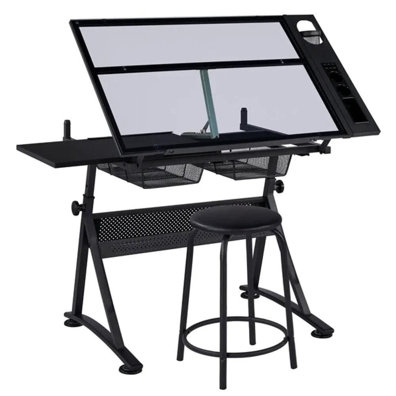 Height Adjustable Glass Drafting Table & Stool Set Art Table – view 3