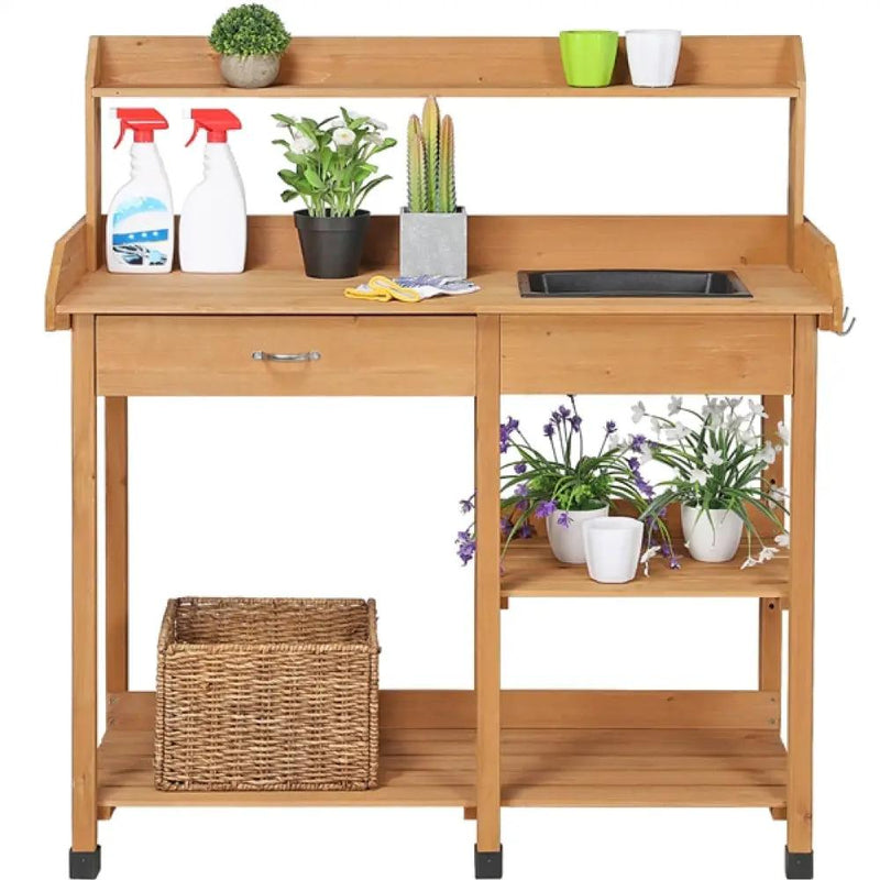 Potting Bench Table Removable Sink Firwood Drawer Open Multiple Shelves – view 3