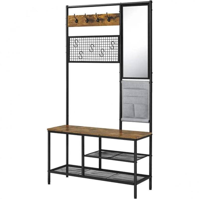 Six-in-one Hall Tree with Shoe Storage Bench/ Mirror/ Storage Bag/ Coat Rack – view 4