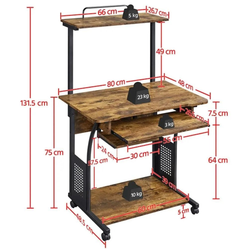 3-Tier Rolling Computer Desk Study Table with Printer Shelf – view 4