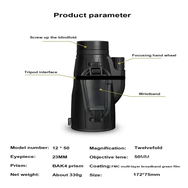 Habicare SS 12x50 Powerful Monocular – Long Reach Portable Telescope 12x50 Powerful Monocular – Long Reach Portable Telescope