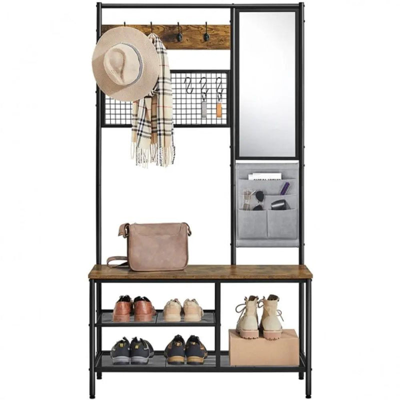 Six-in-one Hall Tree with Shoe Storage Bench/ Mirror/ Storage Bag/ Coat Rack – view 5