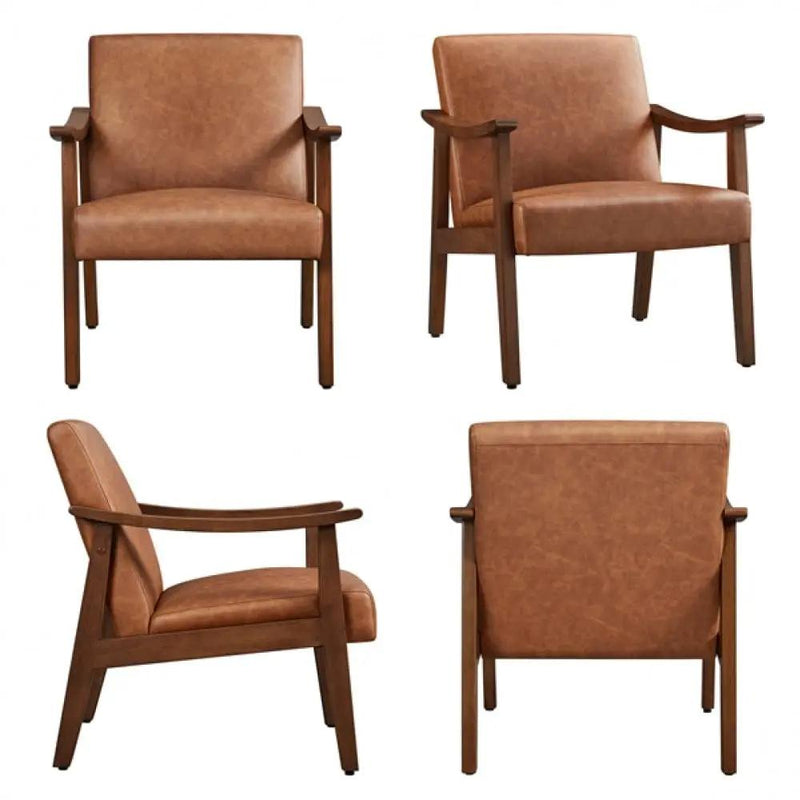 Mid-Century Modern Faux Leather Armchairs with Solid Wood Frame Accent Chair – view 5