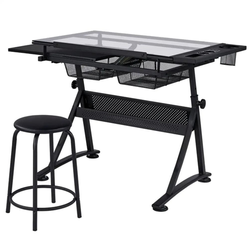 Height Adjustable Glass Drafting Table & Stool Set Art Table – view 5