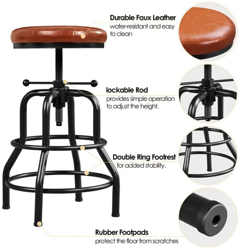 Vintage Industrial Bar Stool Rustic Swivel Bar Stool Round Faux Leather Metal Stool – view 6