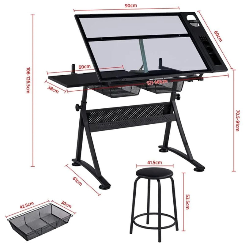 Height Adjustable Glass Drafting Table & Stool Set Art Table – view 6