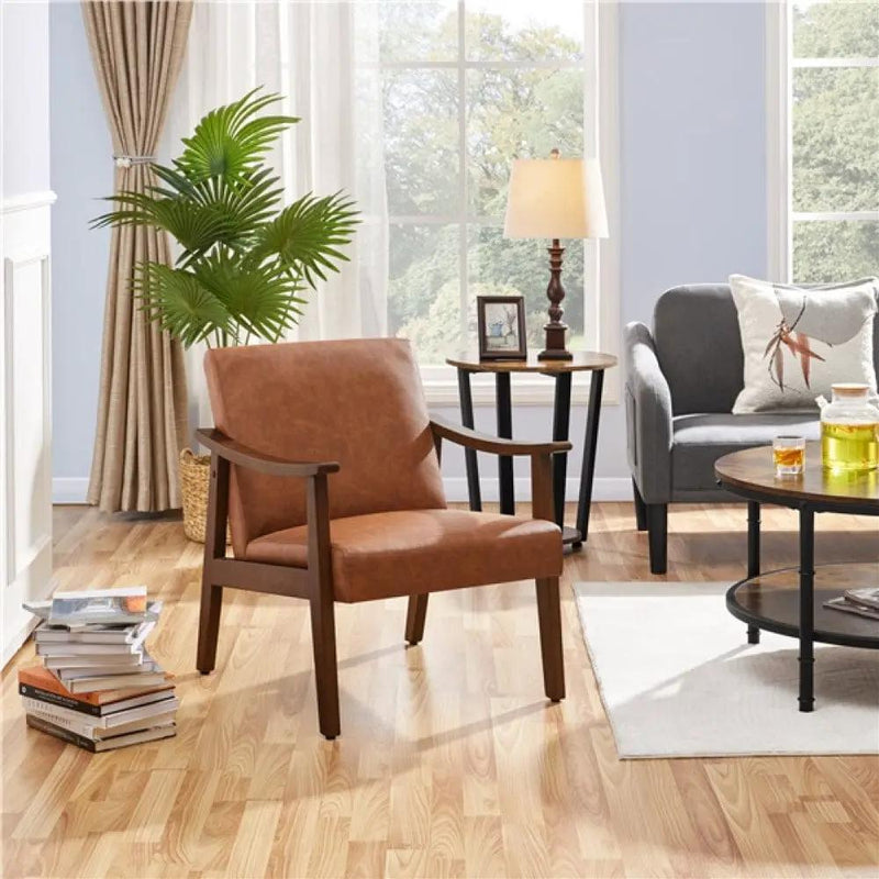 Mid-Century Modern Faux Leather Armchairs with Solid Wood Frame Accent Chair – view 7