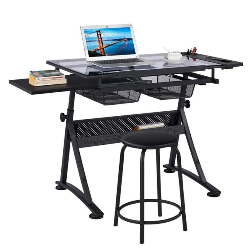 Height Adjustable Glass Drafting Table & Stool Set Art Table – view 7