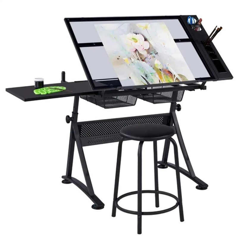 Height Adjustable Glass Drafting Table & Stool Set Art Table – view 8