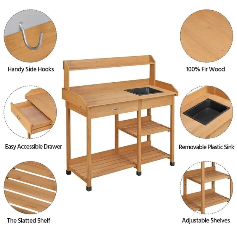 Potting Bench Table Removable Sink Firwood Drawer Open Multiple Shelves – view 8