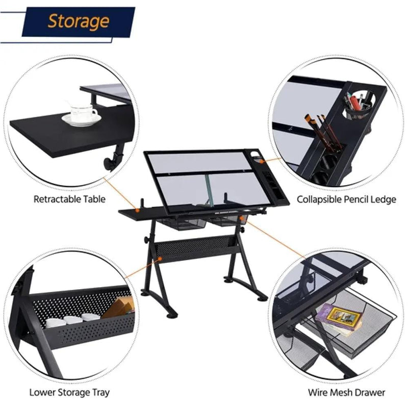 Height Adjustable Glass Drafting Table & Stool Set Art Table – view 9