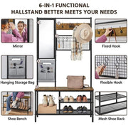 Six-in-one Hall Tree with Shoe Storage Bench/ Mirror/ Storage Bag/ Coat Rack – view 11