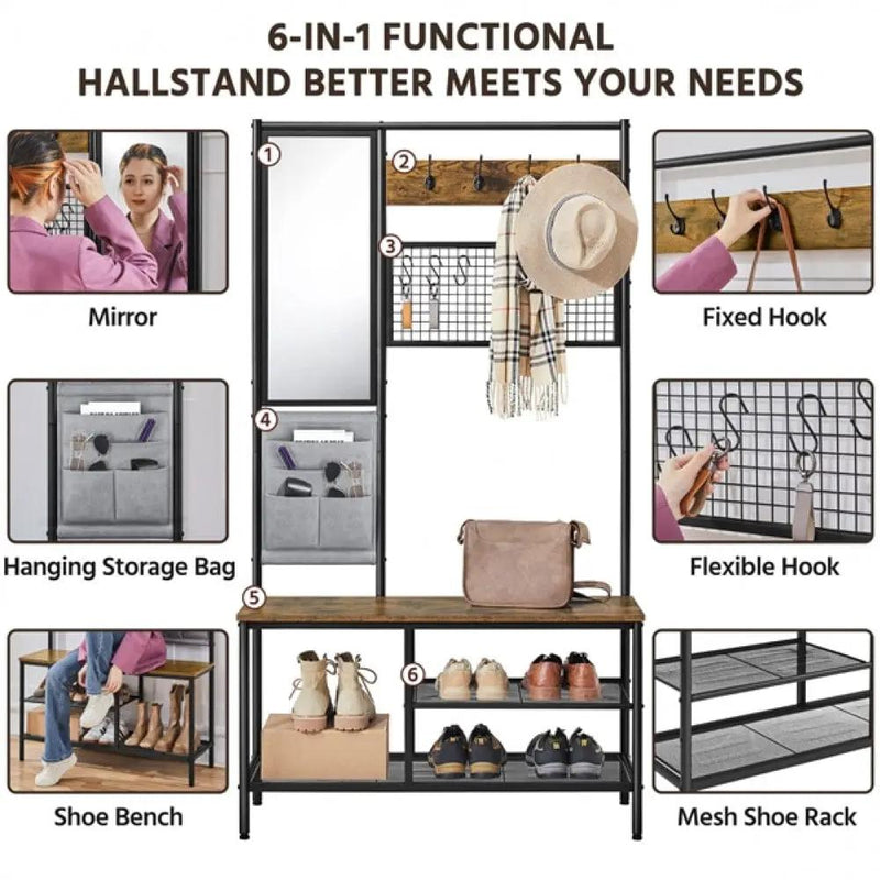 Six-in-one Hall Tree with Shoe Storage Bench/ Mirror/ Storage Bag/ Coat Rack – view 11