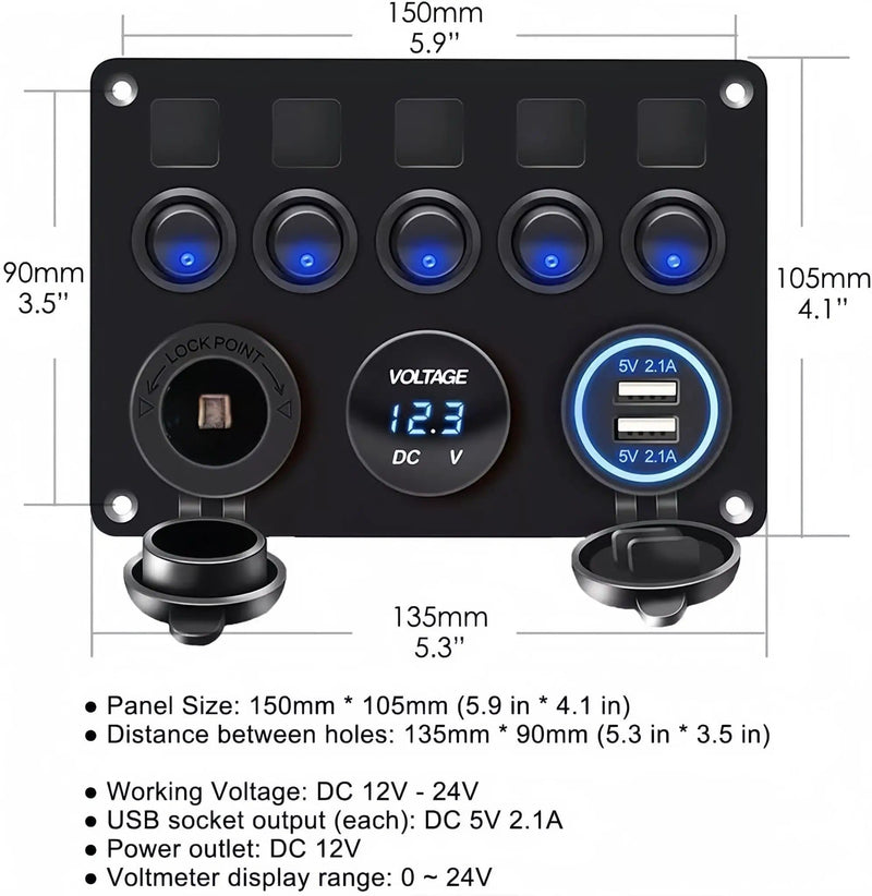 5-Gang Multi-Functional Rocker Switch Panel With Dual USB Charger – view 13
