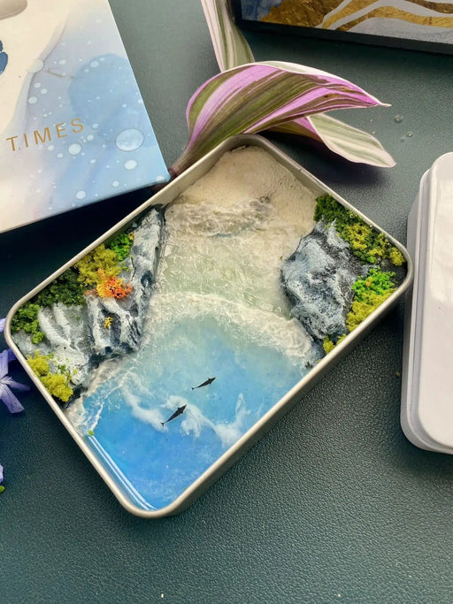 Miniature Coastal Scene Resin Art in Tin Box – Handmade Beach Landscape with Ocean Waves and Dolphins