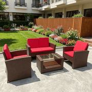 Rattan 2-Seat Sofa, 2 Chairs & Coffee Table 4PCS Set - Brown PE/PVC – view 2