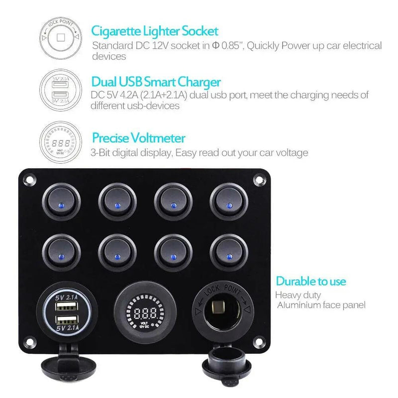salelink.co.nz Unbranded 8 Gang Car Auto LED Rocker Switch Panel 8 Gang Car LED Rocker Panel With USB Charger 12V Meter