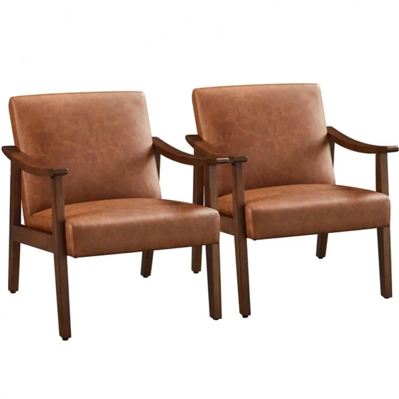 Mid-Century Modern Faux Leather Armchairs with Solid Wood Frame Accent Chair – view 1