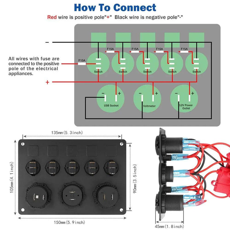 5 Gang ON-OFF Toggle Switch Control Panel 2 USB Charger 12V for Car – view 6