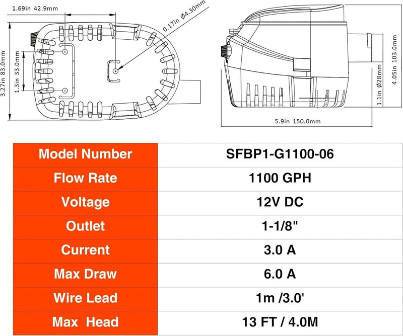 12V 1100GPH Seaflo Automatic Submersible Bilge Pump – view 3