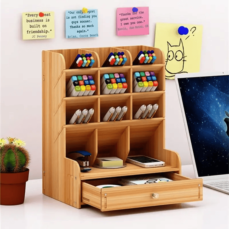 salelink.co.nz Unbranded Pen Holder Wooden Pen Pencil Holder Desk Organizer With Drawer