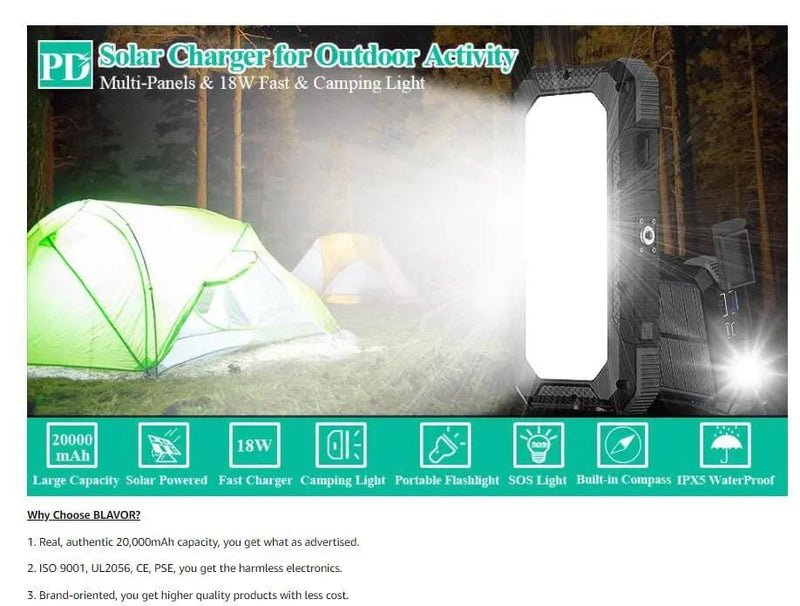 salelink.co.nz Unbranded 20000mAh Solar Charger Power Bank 20000mAh Solar Power Bank PD 18W Outdoor Charger