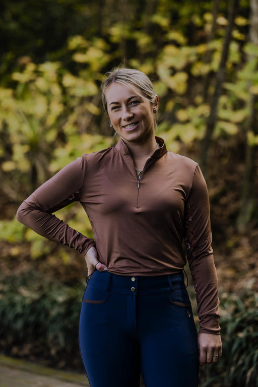 The Brave Pants Company Show Shirt Walnut 1/4 Floral Base Layer Walnut Floral Base Layer Top With Mesh Back Panels