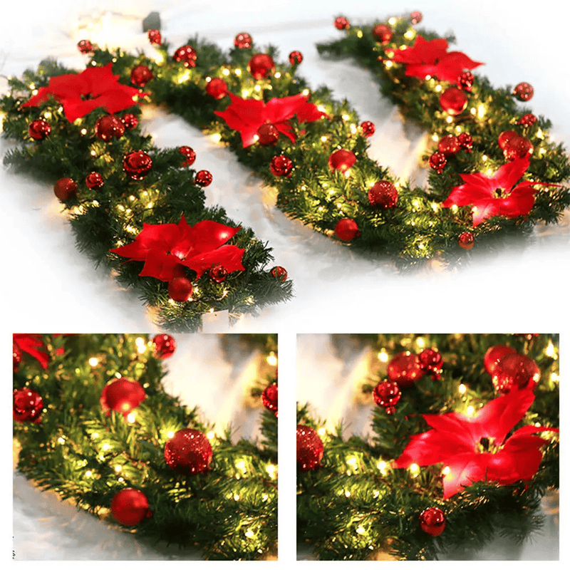salelink.co.nz Unbranded Christmas Fireplace Tree Wreath Garland Christmas Wreath Garland With 40 LED Lights Poinsettias