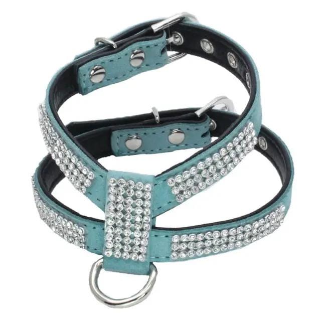 Genuine Leather Dog Collar With Rhinestones Turquoise Adjustable Size L
