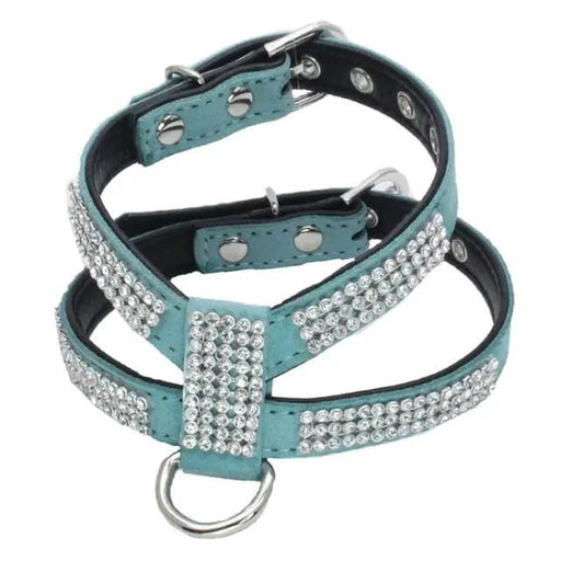 Genuine Leather Dog Collar With Rhinestones Turquoise Adjustable Size L