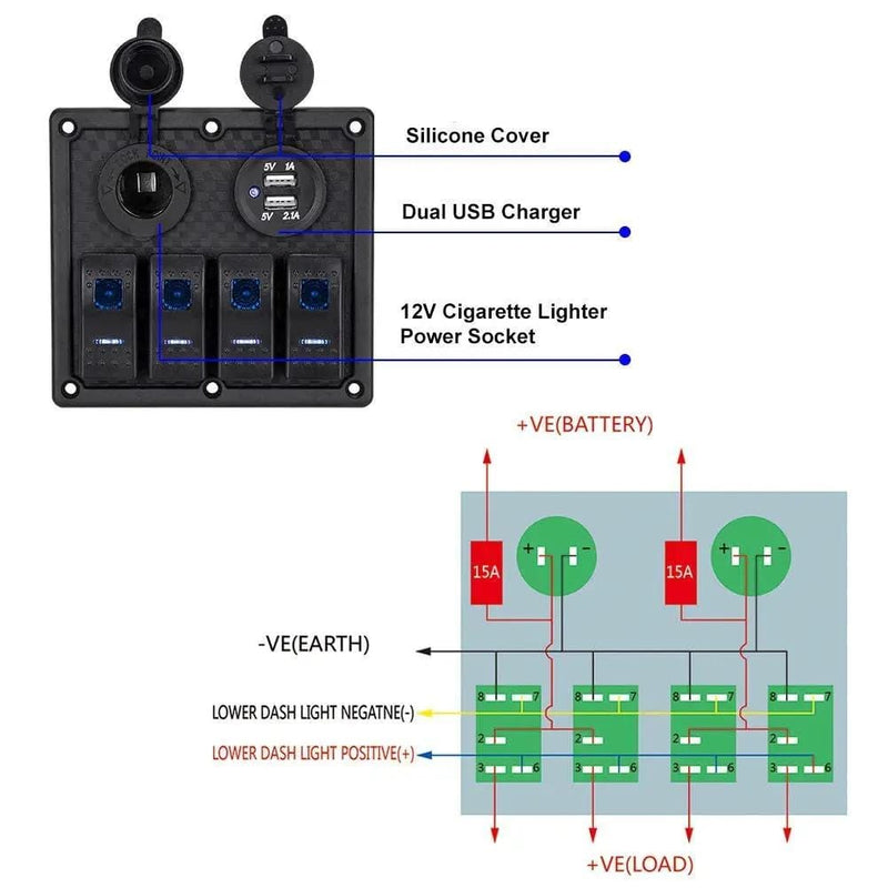 4 Gang LED Rocker Switch Panel Circuit Breakers Charger Car 12V 24V – view 6