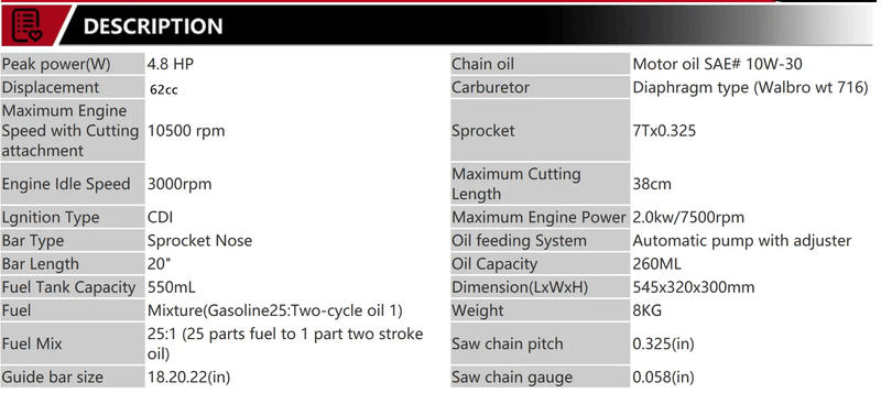 X-BULL 62cc Petrol Chainsaw 20"Bar E-Start Pruning Red Chain Saw 2 Stroke – view 13