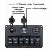 6 Gang LED Rocker Switch Panel Circuit Breakers Charger 12V USB – view 3
