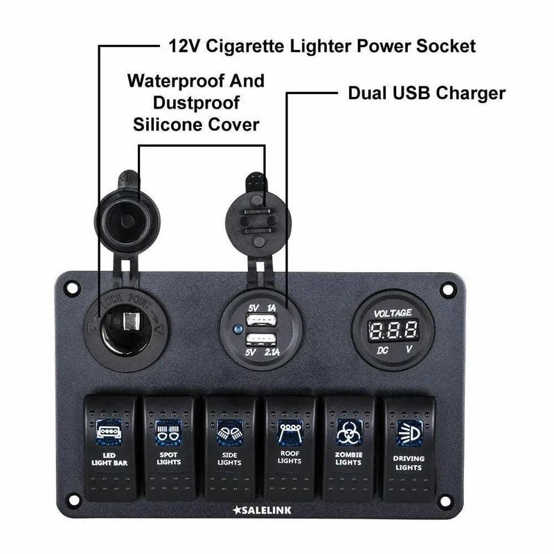 6 Gang LED Rocker Switch Panel Circuit Breakers Charger 12V USB – view 3
