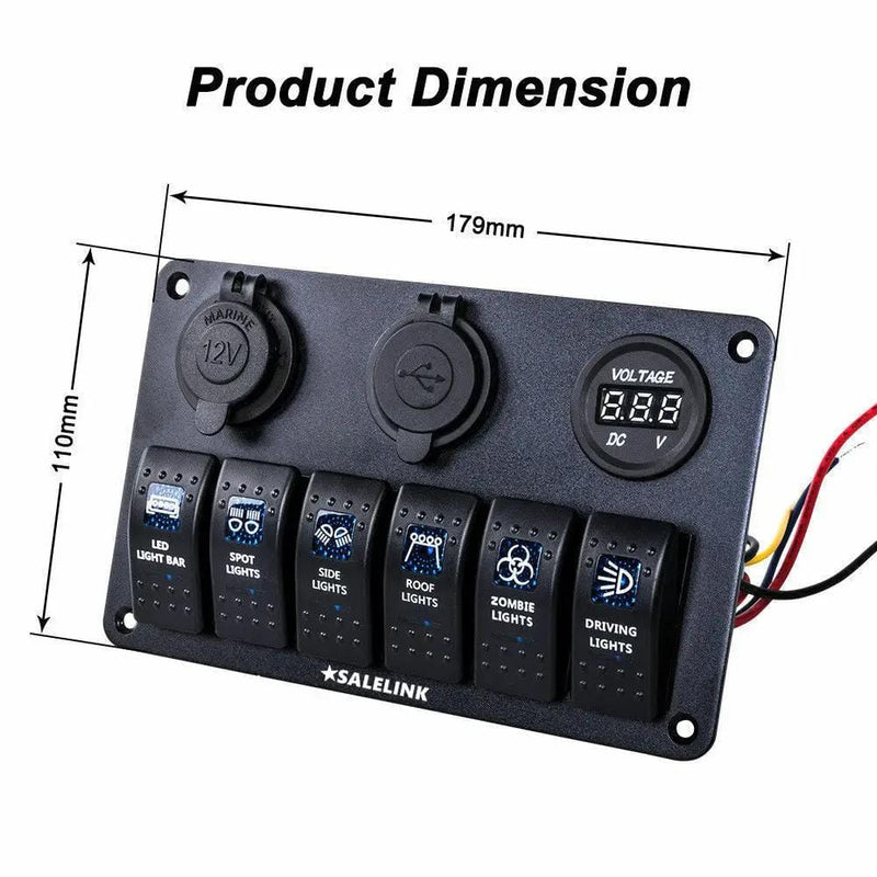 6 Gang LED Rocker Switch Panel Circuit Breakers Charger 12V USB – view 2