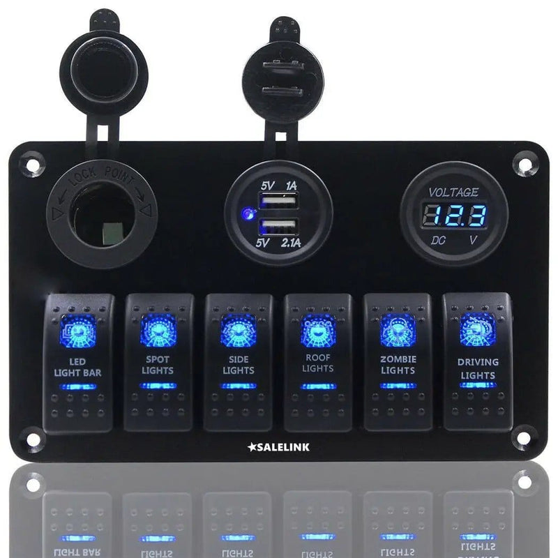 6 Gang LED Rocker Switch Panel Circuit Breakers Charger 12V USB – view 1