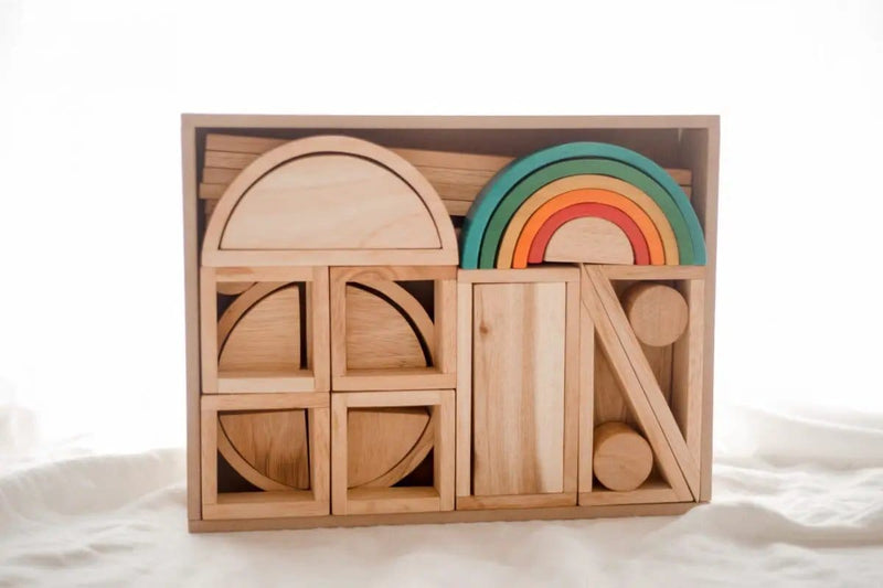 Curious Moonbeam Pretend Play Hollow Wooden Blocks and Rainbow 40 pc Set - QToys | Wooden Toy NZ Hollow Wooden Blocks and Rainbow 40 pc Set - QToys | Wooden Toy NZ