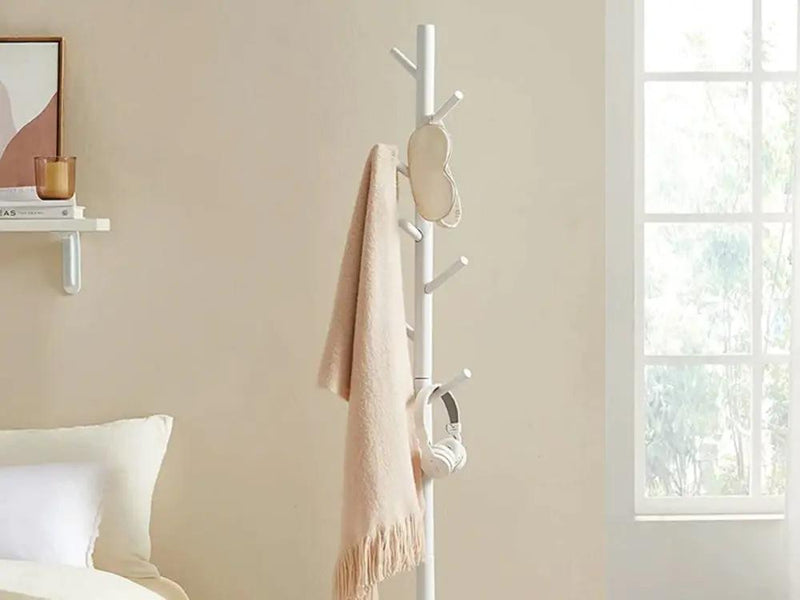Loveliving Furniture Solid Wood Coat Rack with 8 Hooks - White Solid Wood Coat Rack with 8 Hooks - White