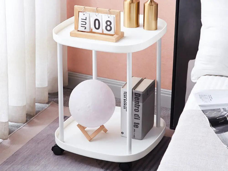 Loveliving Furniture 2-Tier Side Table with Wheels-White 2-Tier Side Table with Wheels-White