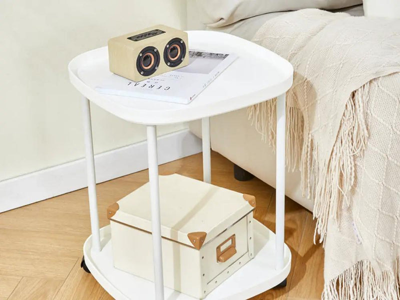 Loveliving Furniture 2-Tier Side Table with Wheels-White 2-Tier Side Table with Wheels-White