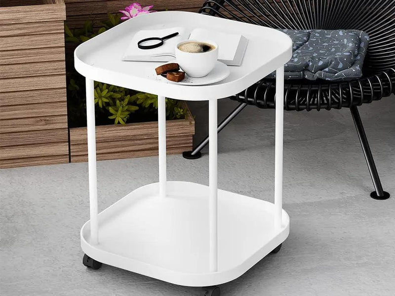 Loveliving Furniture 2-Tier Side Table with Wheels-White 2-Tier Side Table with Wheels-White