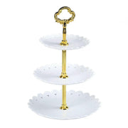 Three Tier Cake Stand Gold Tone With White Plates For Desserts And Cupcakes – view 1